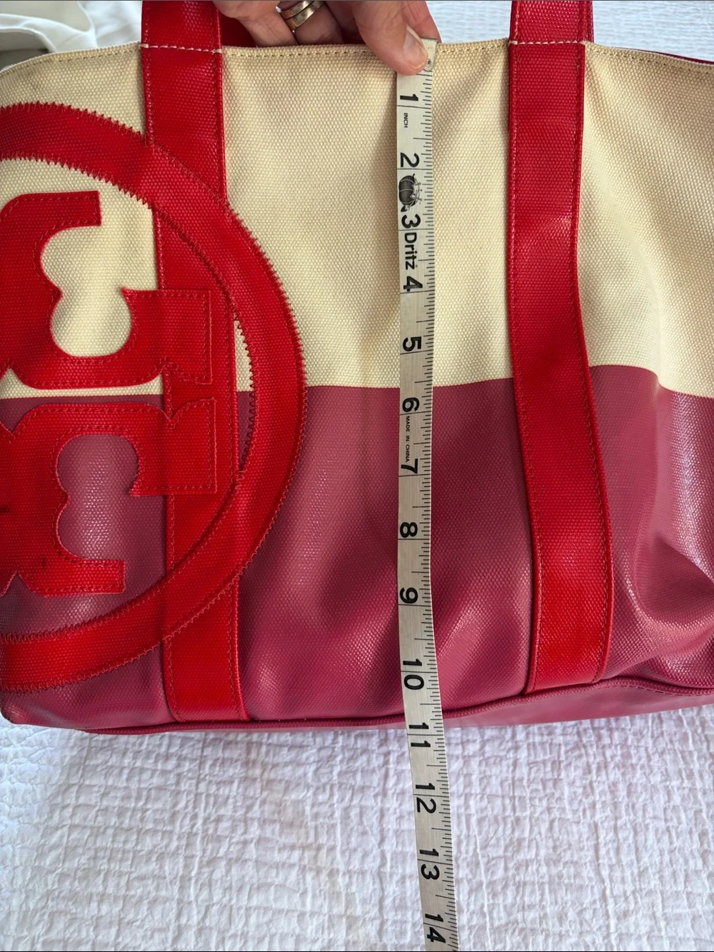 Tory Burch Set Red and Cream Canvas Tote with Patent Trim & Make up bag